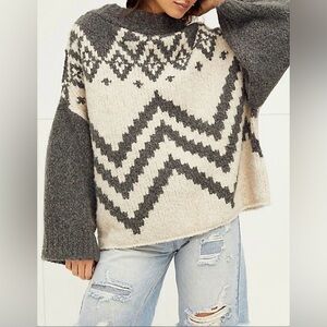 Free People Nordic Rainbow Skit Sweater Sz S Wool Blend Oversized Gray/Cream